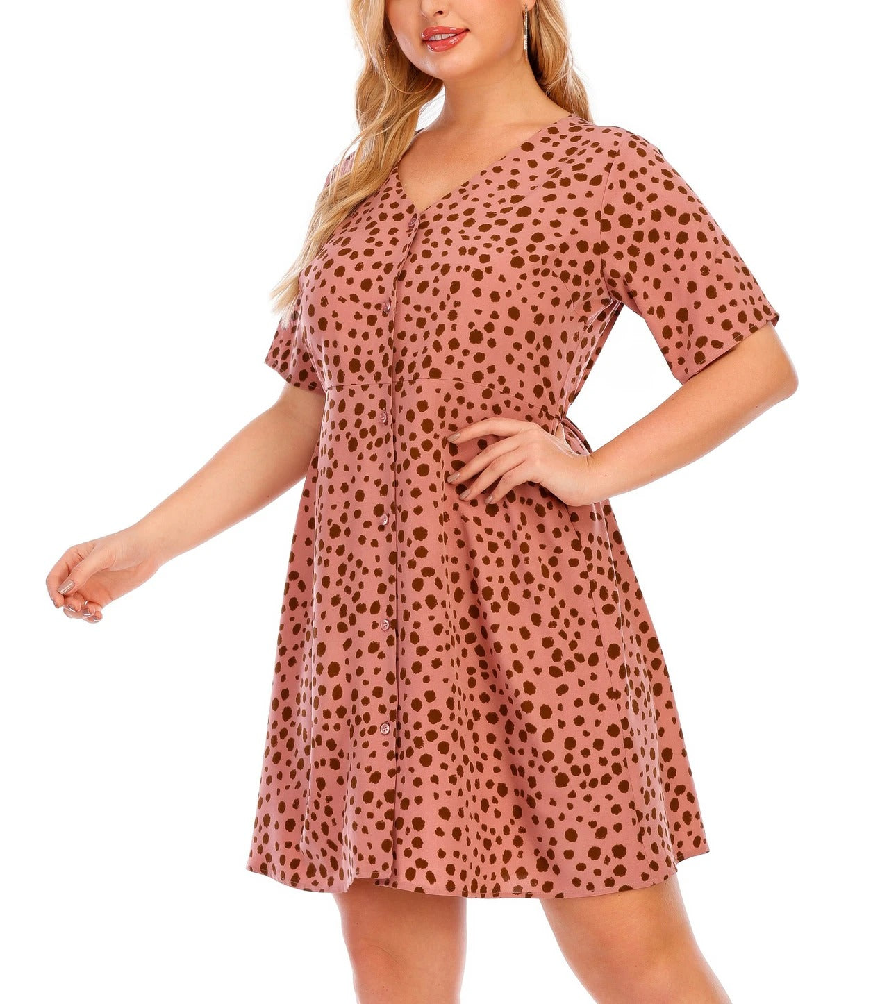 Pink printed button-front dress with short sleeves and V neckline