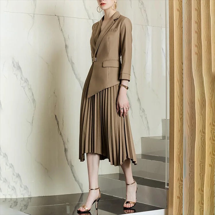 Beige blazer dress with pleated skirt and belt detail