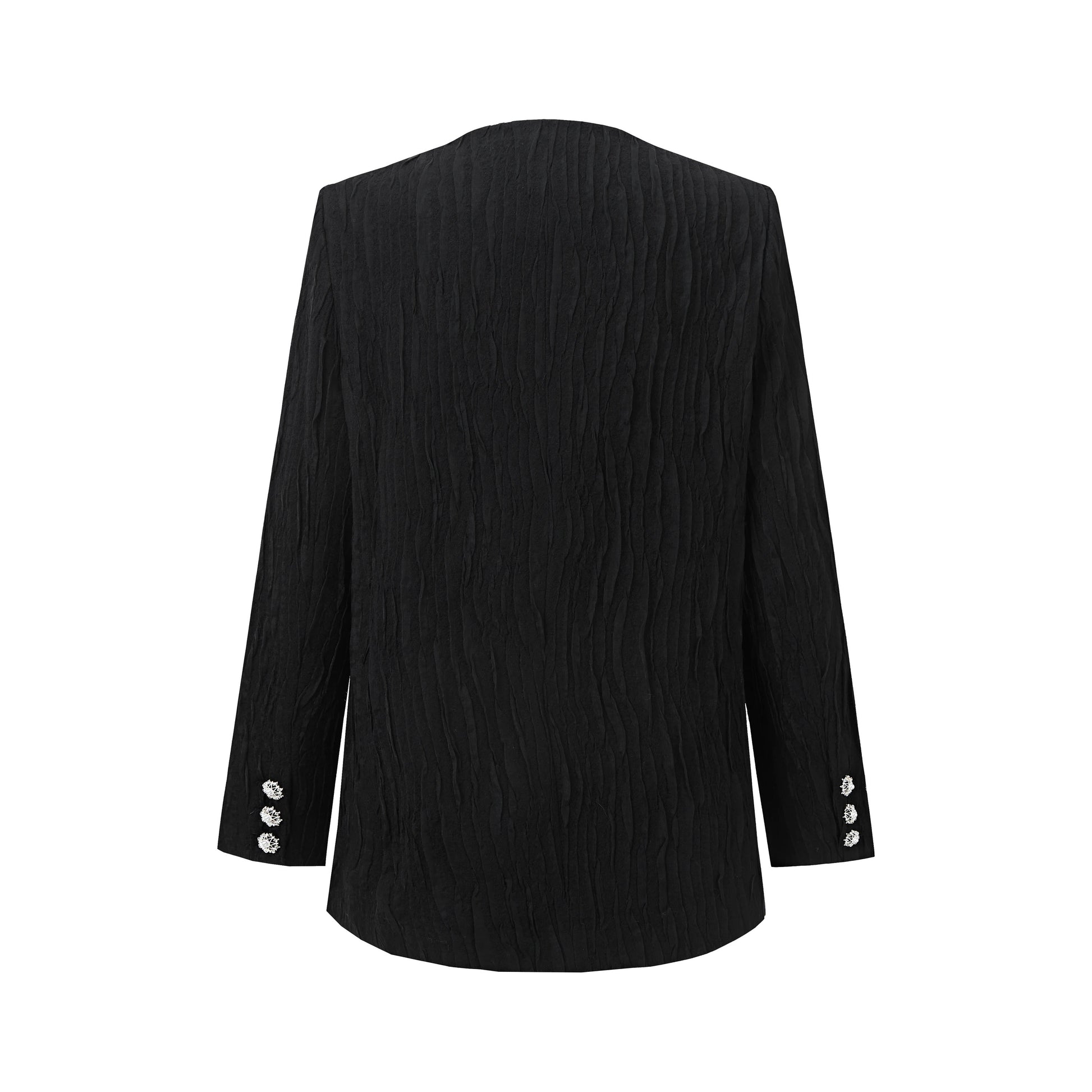 Black textured jacket with round neckline and decorative buttons