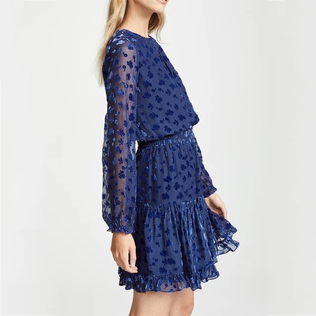 Blue sheer floral dress with long sleeves and tiered skirt