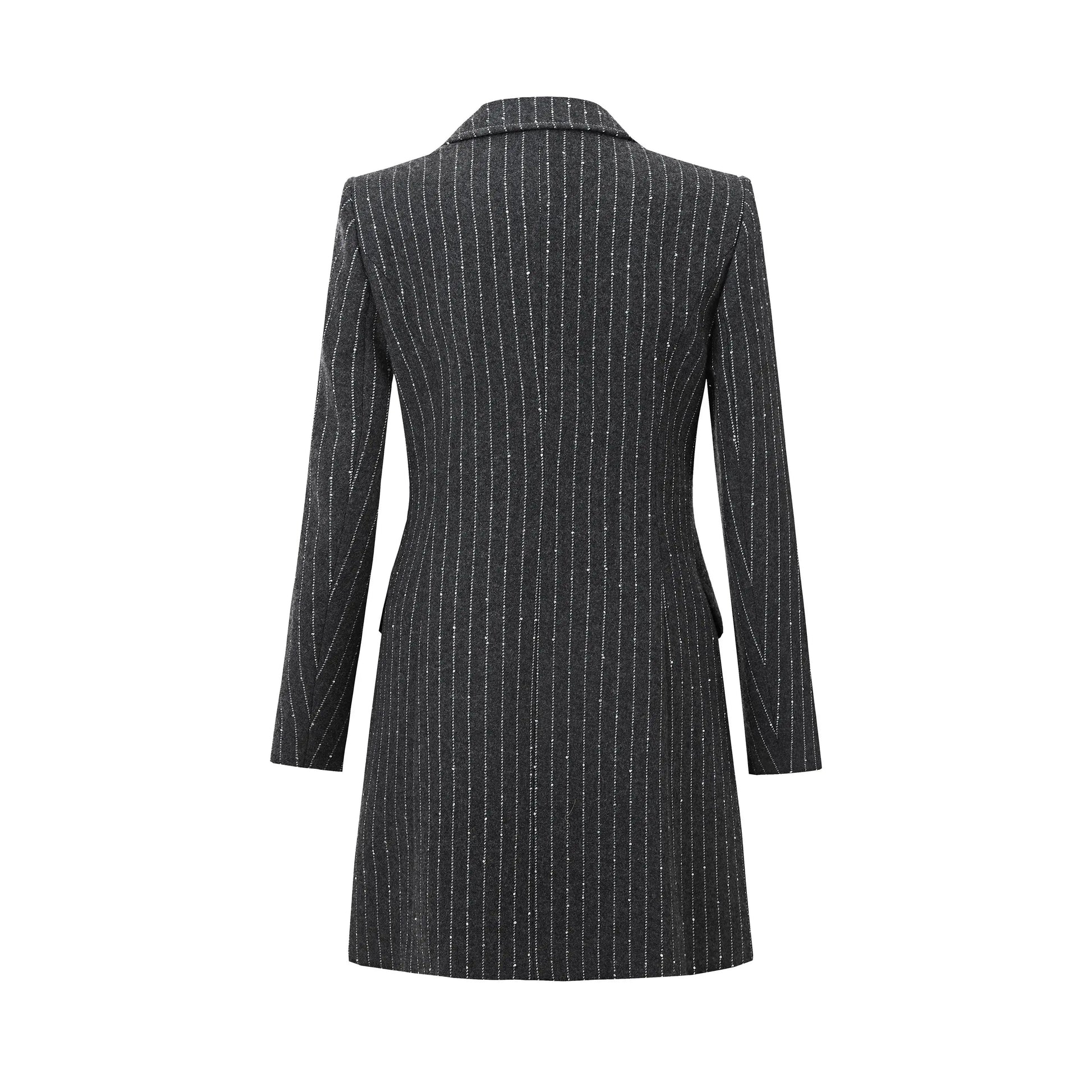Black pinstripe blazer coat with double-breasted front