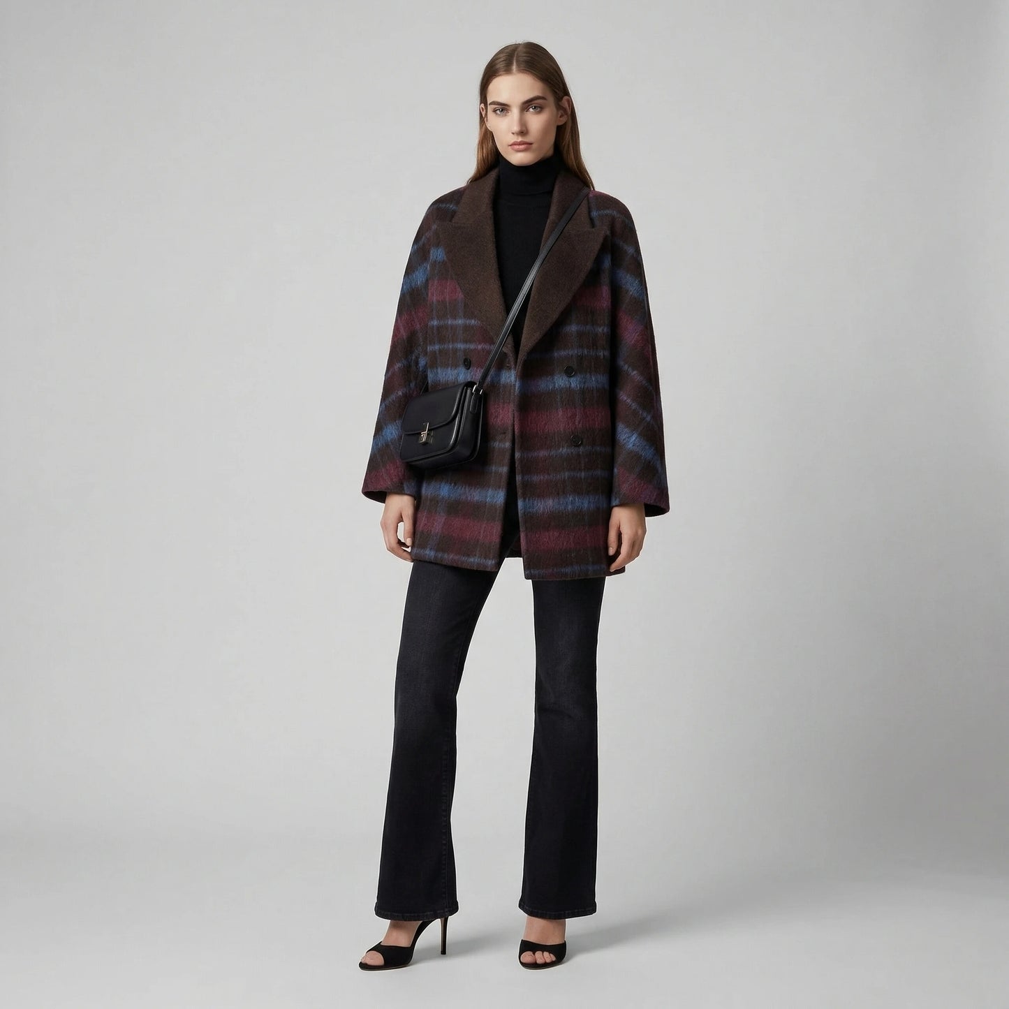 Brown plaid coat with wide lapel and double-breasted front