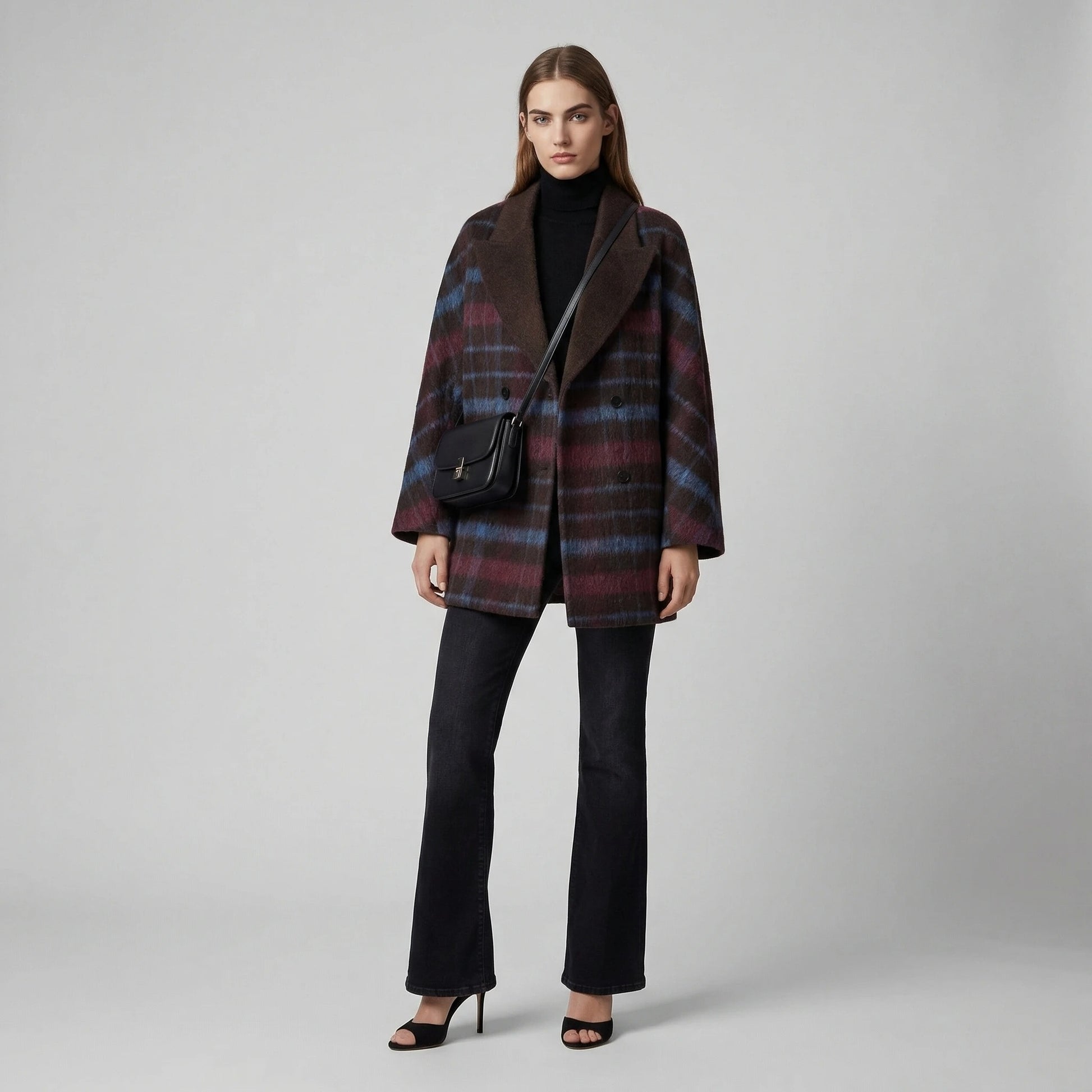 Brown plaid coat with wide lapel and double-breasted front
