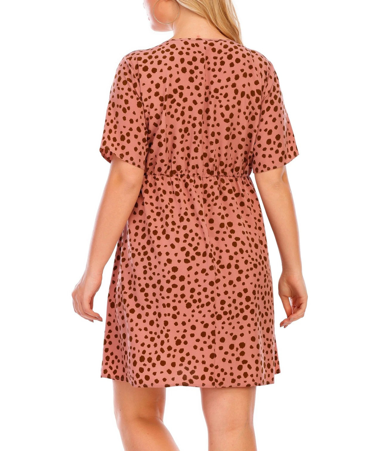 Pink printed button-front dress with short sleeves and V neckline