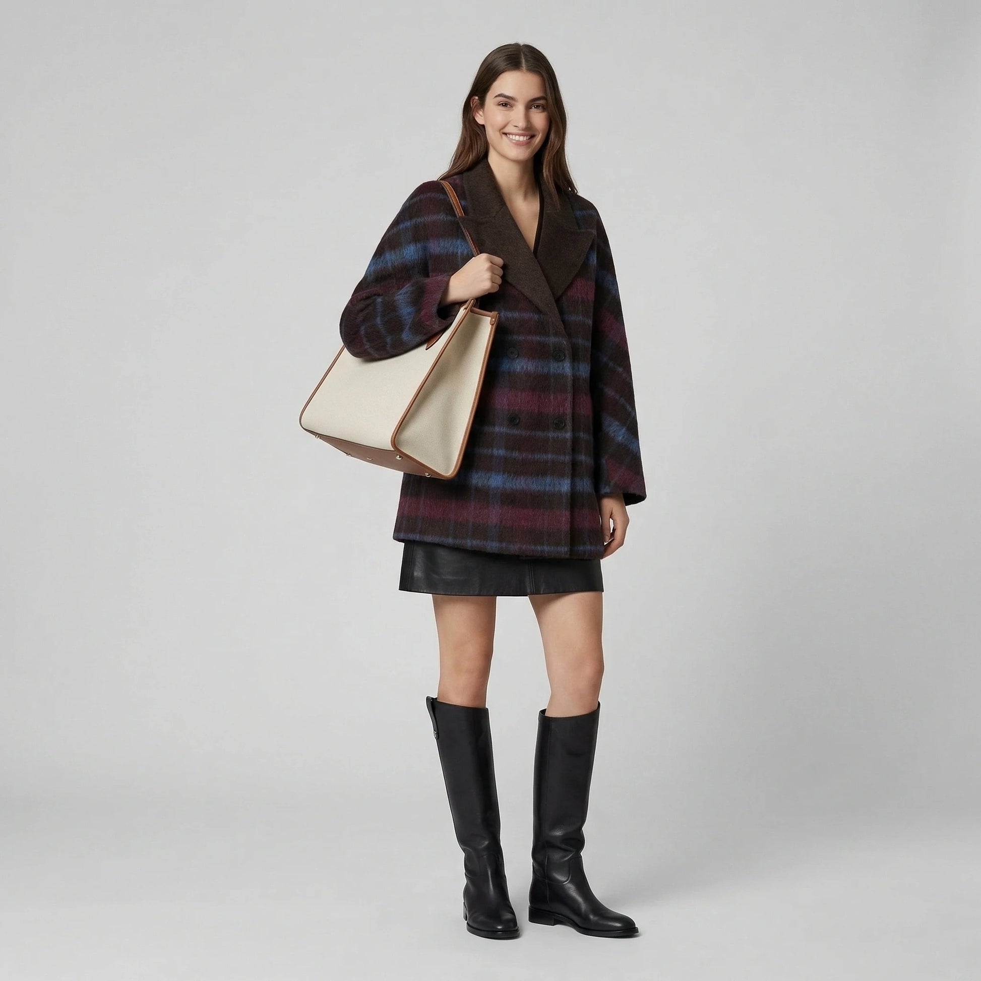 Brown plaid coat with wide lapel and double-breasted front