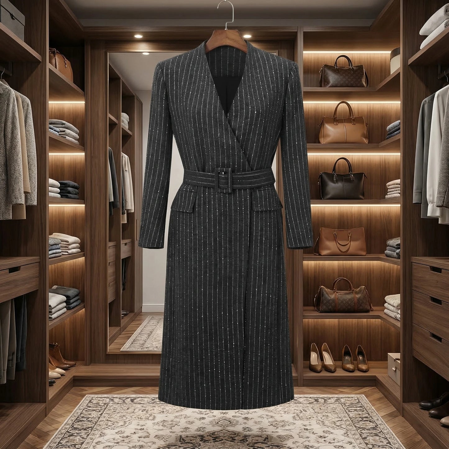 Black pinstripe wrap coat with belt and V neckline