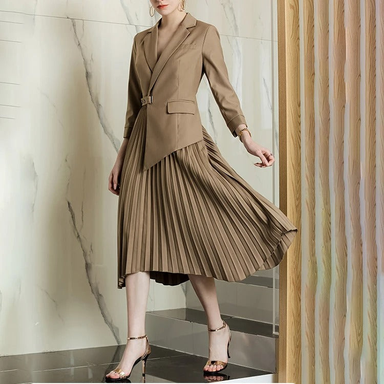Beige blazer dress with pleated skirt and belt detail