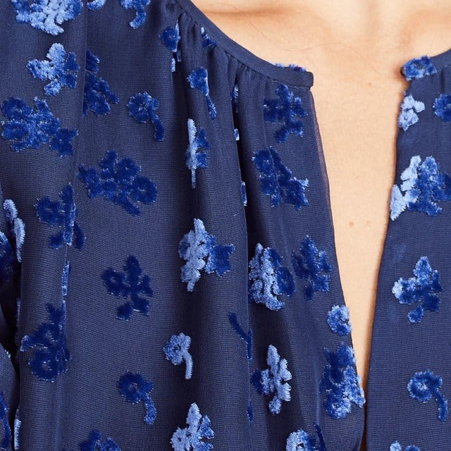 Blue sheer floral dress with long sleeves and tiered skirt
