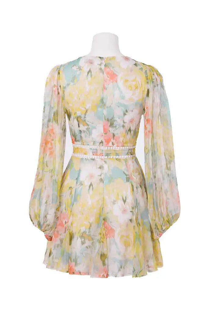 Pastel floral mini dress with deep V neckline and long sleeves