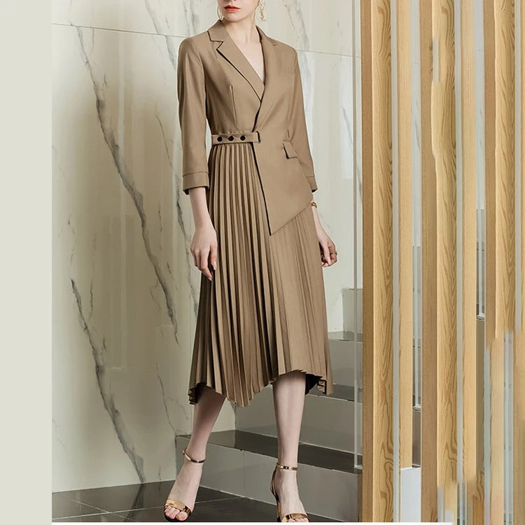 Beige blazer dress with pleated skirt and belt detail