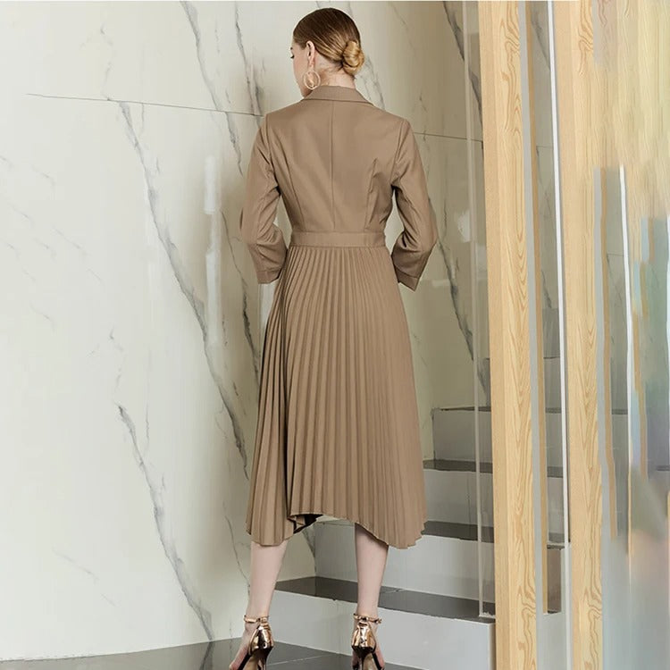Beige blazer dress with pleated skirt and belt detail