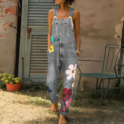 Chic Floral Print Denim Jumpsuit