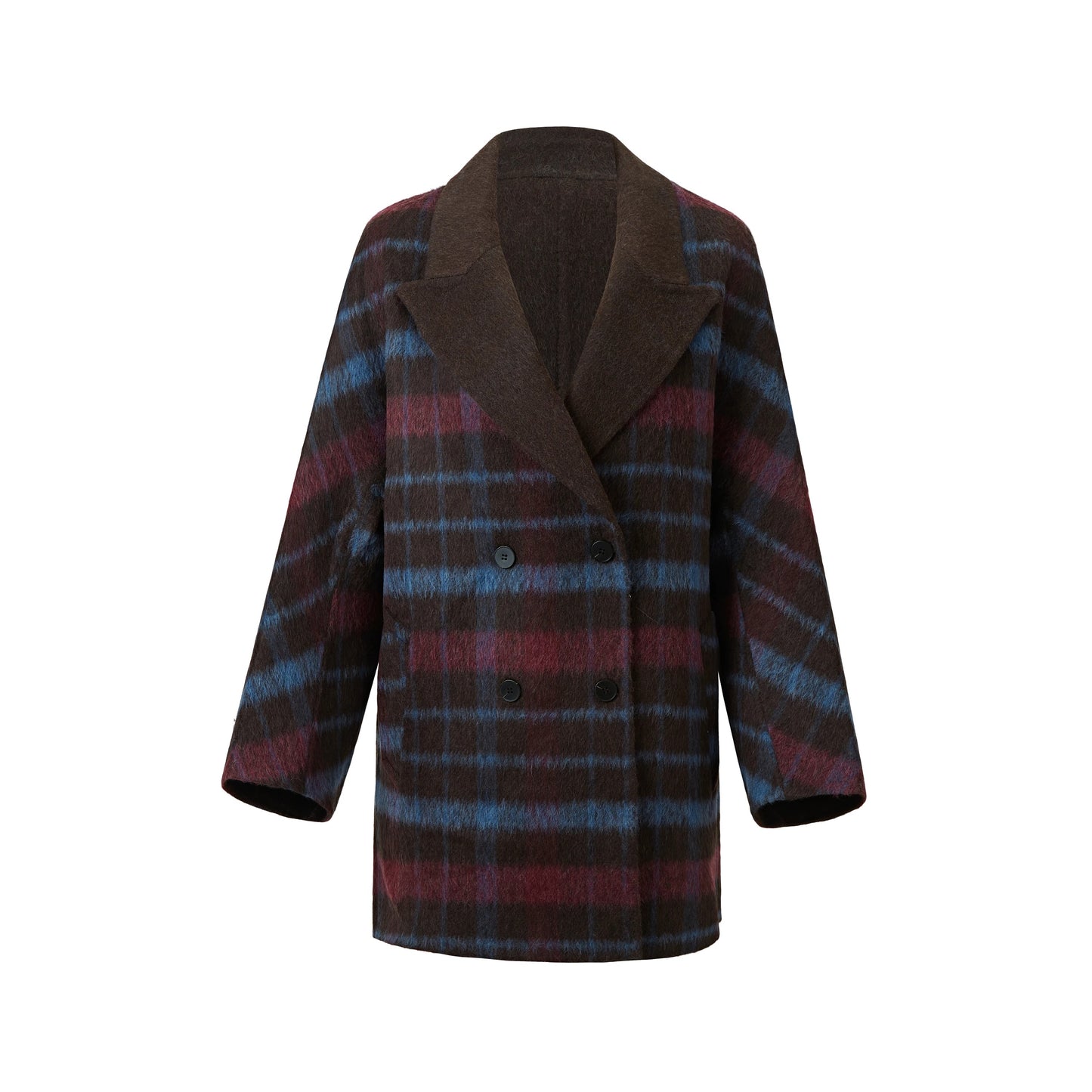 Brown plaid coat with wide lapel and double-breasted front