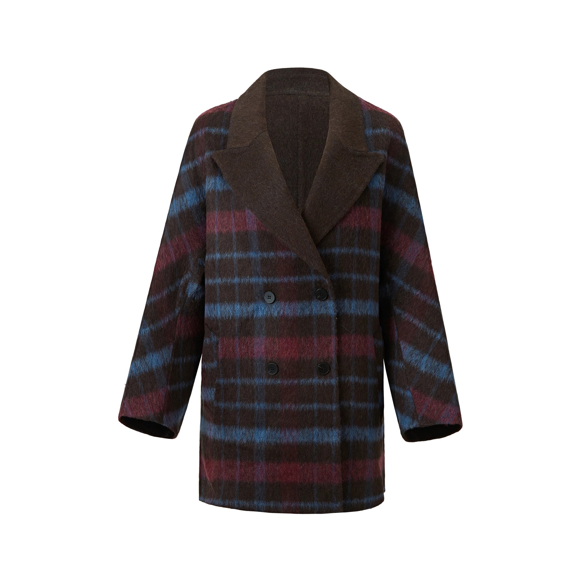 Brown plaid coat with wide lapel and double-breasted front